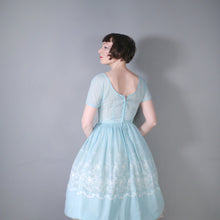 Load image into Gallery viewer, 50s 60s MINT BLUE FLORAL EMBROIDERED FULL SKIRT DRESS - S