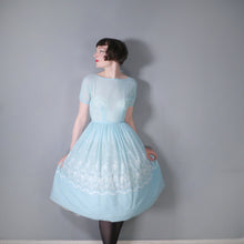 Load image into Gallery viewer, 50s 60s MINT BLUE FLORAL EMBROIDERED FULL SKIRT DRESS - S