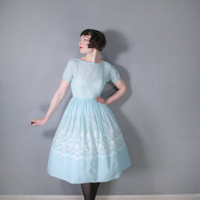 Load image into Gallery viewer, 50s 60s MINT BLUE FLORAL EMBROIDERED FULL SKIRT DRESS - S