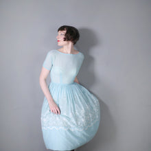 Load image into Gallery viewer, 50s 60s MINT BLUE FLORAL EMBROIDERED FULL SKIRT DRESS - S