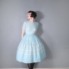 Load image into Gallery viewer, 50s 60s MINT BLUE FLORAL EMBROIDERED FULL SKIRT DRESS - S