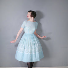 Load image into Gallery viewer, 50s 60s MINT BLUE FLORAL EMBROIDERED FULL SKIRT DRESS - S