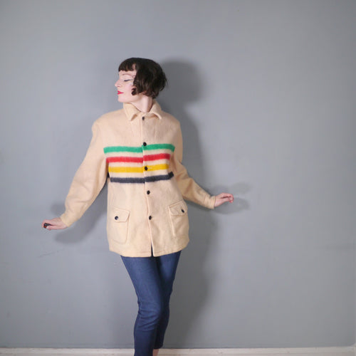 60s HUDSON BAY POINT BLANKET WOOL COAT WITH COLOURED STRIPES - M