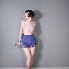 Load image into Gallery viewer, 60s HIGH WAISTED BLUE SHORT SHORTS WITH TROMP L&#39;OEIL LACING TRIM TO CUFFS - 27&quot;