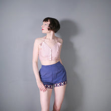 Load image into Gallery viewer, 60s HIGH WAISTED BLUE SHORT SHORTS WITH TROMP L&#39;OEIL LACING TRIM TO CUFFS - 27&quot;