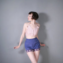 Load image into Gallery viewer, 60s HIGH WAISTED BLUE SHORT SHORTS WITH TROMP L&#39;OEIL LACING TRIM TO CUFFS - 27&quot;