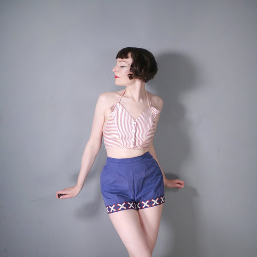 60s HIGH WAISTED BLUE SHORT SHORTS WITH TROMP L'OEIL LACING TRIM TO CUFFS - 27