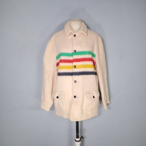 60s HUDSON BAY POINT BLANKET WOOL COAT WITH COLOURED STRIPES - M