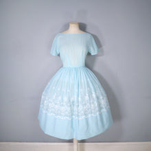 Load image into Gallery viewer, 50s 60s MINT BLUE FLORAL EMBROIDERED FULL SKIRT DRESS - S