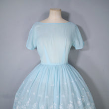 Load image into Gallery viewer, 50s 60s MINT BLUE FLORAL EMBROIDERED FULL SKIRT DRESS - S