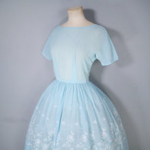 Load image into Gallery viewer, 50s 60s MINT BLUE FLORAL EMBROIDERED FULL SKIRT DRESS - S