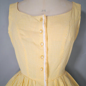 50s 60s LIGHTEST COTTON YELLOW GINGHAM BUTTON THROUGH SUN DRESS - S