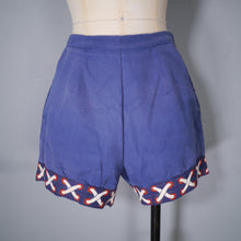 Load image into Gallery viewer, 60s HIGH WAISTED BLUE SHORT SHORTS WITH TROMP L&#39;OEIL LACING TRIM TO CUFFS - 27&quot;