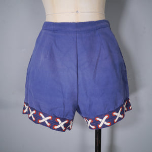 60s HIGH WAISTED BLUE SHORT SHORTS WITH TROMP L'OEIL LACING TRIM TO CUFFS - 27"