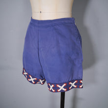 Load image into Gallery viewer, 60s HIGH WAISTED BLUE SHORT SHORTS WITH TROMP L&#39;OEIL LACING TRIM TO CUFFS - 27&quot;