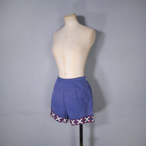 60s HIGH WAISTED BLUE SHORT SHORTS WITH TROMP L'OEIL LACING TRIM TO CUFFS - 27"