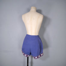 Load image into Gallery viewer, 60s HIGH WAISTED BLUE SHORT SHORTS WITH TROMP L&#39;OEIL LACING TRIM TO CUFFS - 27&quot;