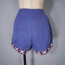 Load image into Gallery viewer, 60s HIGH WAISTED BLUE SHORT SHORTS WITH TROMP L&#39;OEIL LACING TRIM TO CUFFS - 27&quot;