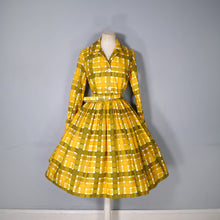 Load image into Gallery viewer, 50s 60s &quot;VOUGE&quot; CHECKED YELLOW FULL SKIRTED SHIRT DRESS WITH BELT - S