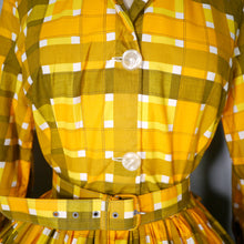 Load image into Gallery viewer, 50s 60s &quot;VOUGE&quot; CHECKED YELLOW FULL SKIRTED SHIRT DRESS WITH BELT - S