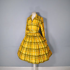 50s 60s "VOUGE" CHECKED YELLOW FULL SKIRTED SHIRT DRESS WITH BELT - S