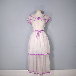 30s GAUZY SHEER EMBROIDERED TIERED SUMMER LAWN DRESS - S