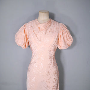 30s PEACH BIAS CUT EVENING DRESS WITH HUGE PUFF SLEEVE AND DRAPED NECK - S