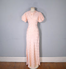 Load image into Gallery viewer, 30s PEACH BIAS CUT EVENING DRESS WITH HUGE PUFF SLEEVE AND DRAPED NECK - S