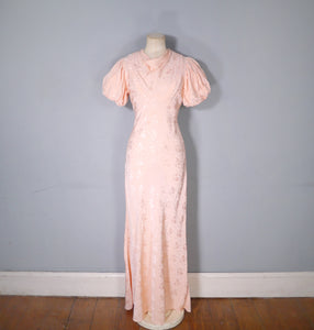 30s PEACH BIAS CUT EVENING DRESS WITH HUGE PUFF SLEEVE AND DRAPED NECK - S