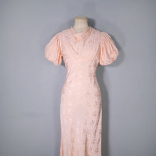 Load image into Gallery viewer, 30s PEACH BIAS CUT EVENING DRESS WITH HUGE PUFF SLEEVE AND DRAPED NECK - S