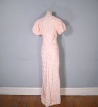 Load image into Gallery viewer, 30s PEACH BIAS CUT EVENING DRESS WITH HUGE PUFF SLEEVE AND DRAPED NECK - S