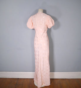 30s PEACH BIAS CUT EVENING DRESS WITH HUGE PUFF SLEEVE AND DRAPED NECK - S