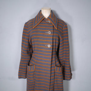 40s TREWARNE GREY AND ORANGE STRIPED ART DECO WOOL COAT - M