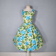 Load image into Gallery viewer, 50s GREEN AND BLUE FLORAL PRINT COTTON FULL SKIRTED DRESS - S