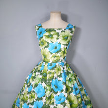 Load image into Gallery viewer, 50s GREEN AND BLUE FLORAL PRINT COTTON FULL SKIRTED DRESS - S