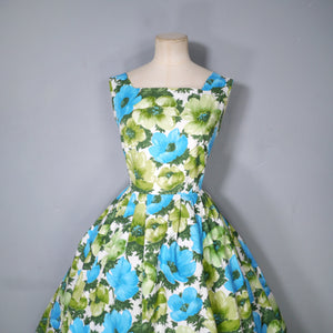 50s GREEN AND BLUE FLORAL PRINT COTTON FULL SKIRTED DRESS - S