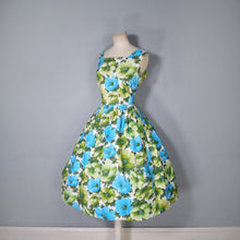 Load image into Gallery viewer, 50s GREEN AND BLUE FLORAL PRINT COTTON FULL SKIRTED DRESS - S