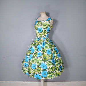 50s GREEN AND BLUE FLORAL PRINT COTTON FULL SKIRTED DRESS - S