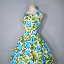 Load image into Gallery viewer, 50s GREEN AND BLUE FLORAL PRINT COTTON FULL SKIRTED DRESS - S