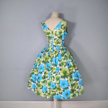 Load image into Gallery viewer, 50s GREEN AND BLUE FLORAL PRINT COTTON FULL SKIRTED DRESS - S