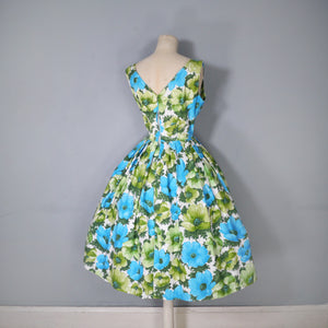 50s GREEN AND BLUE FLORAL PRINT COTTON FULL SKIRTED DRESS - S