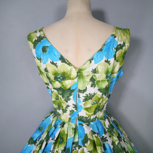 50s GREEN AND BLUE FLORAL PRINT COTTON FULL SKIRTED DRESS - S