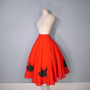 50s RED GORED FULL CIRCLE SKIRT WITH EMBROIDERED FELT APPLIQUE DANCING COUPLE - 24"