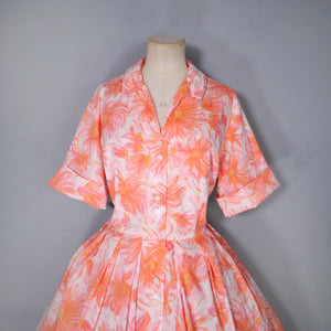 60s CORAL FLORAL FULL SKIRTED SHIRT DRESS - VOLUP / XL