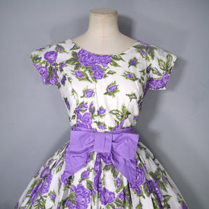 50s CALIFORNIA COTTONS PURPLE ROSE PRINT PARTY BOW DRESS - XS / PETITE