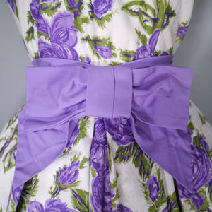 50s CALIFORNIA COTTONS PURPLE ROSE PRINT PARTY BOW DRESS - XS / PETITE