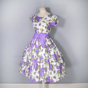 50s CALIFORNIA COTTONS PURPLE ROSE PRINT PARTY BOW DRESS - XS / PETITE