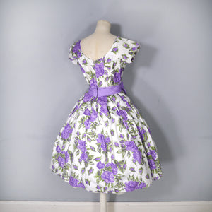 50s CALIFORNIA COTTONS PURPLE ROSE PRINT PARTY BOW DRESS - XS / PETITE