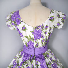 Load image into Gallery viewer, 50s CALIFORNIA COTTONS PURPLE ROSE PRINT PARTY BOW DRESS - XS / PETITE