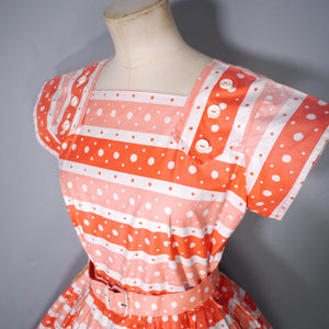 50s DEADSTOCK ORANGE PRINT FULL SKIRTED COTTON DRESS BY KATHWYN - S